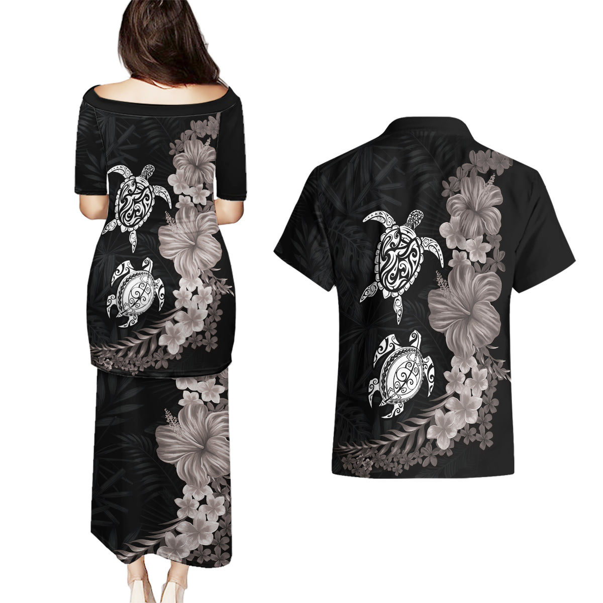 Hawaiian Flower and Tribal Turtle Couples Matching Puletasi and Hawaiian Shirt Grayscale Mode