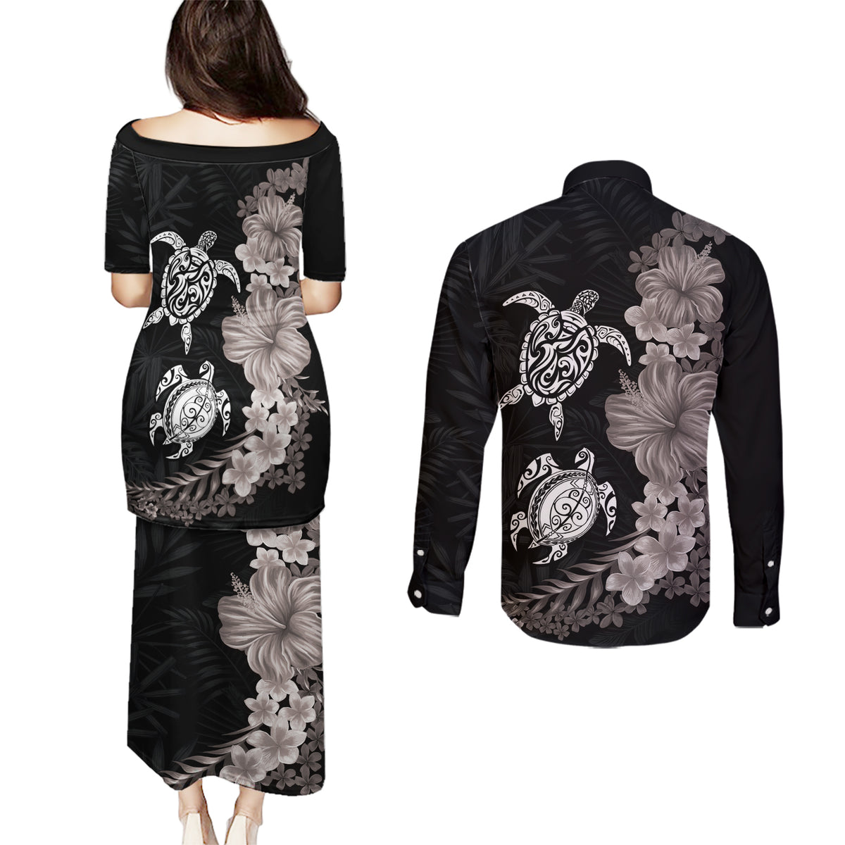 Hawaiian Flower and Tribal Turtle Couples Matching Puletasi and Long Sleeve Button Shirt Grayscale Mode