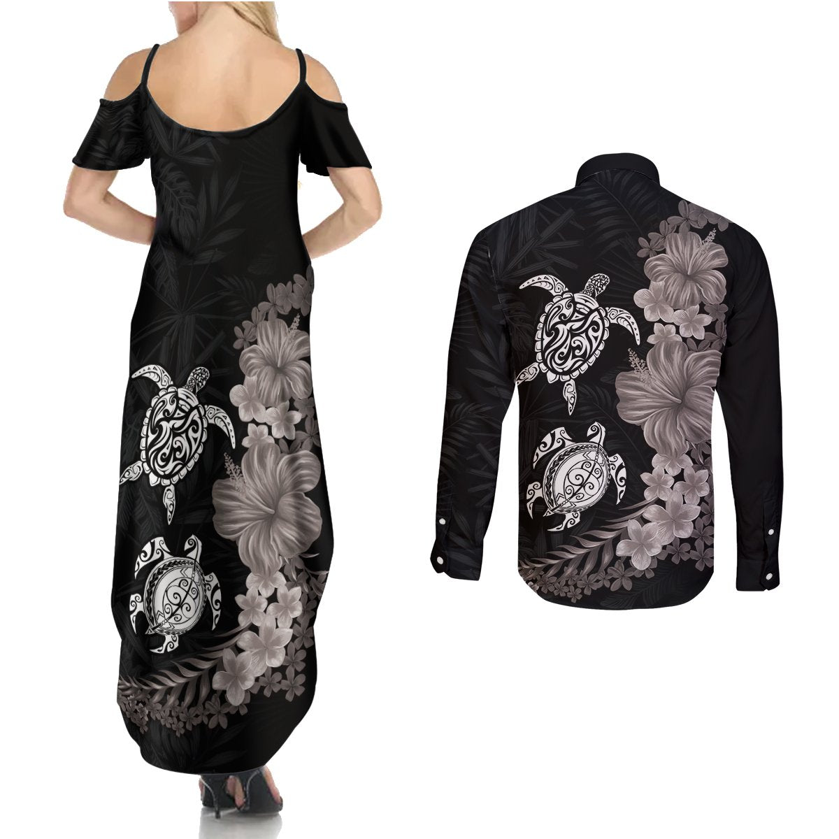 Hawaiian Flower and Tribal Turtle Couples Matching Summer Maxi Dress and Long Sleeve Button Shirt Grayscale Mode