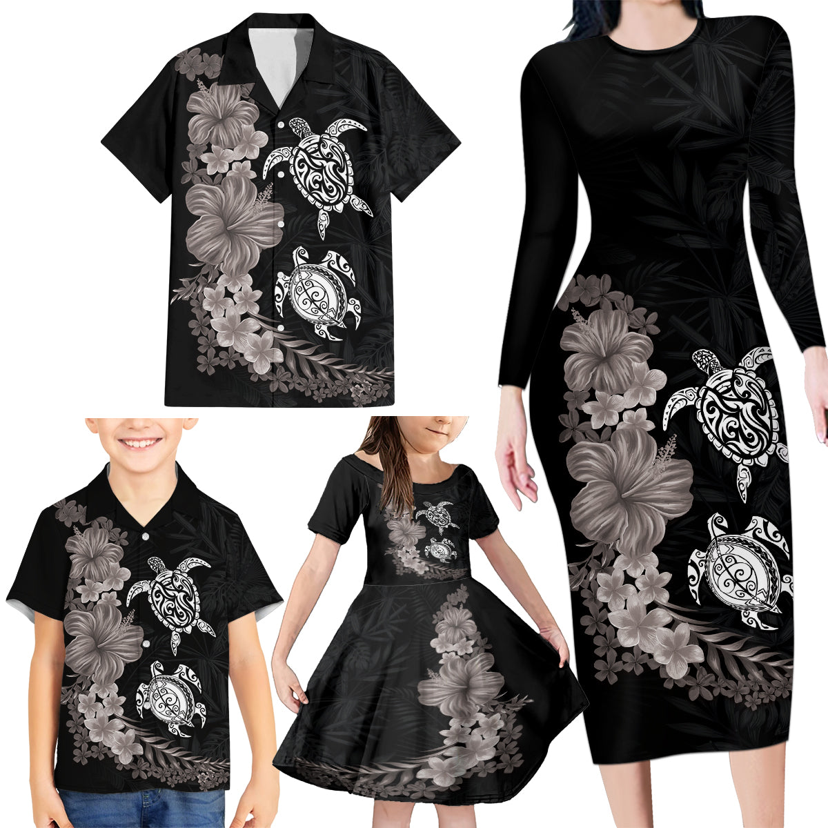 Hawaiian Flower and Tribal Turtle Family Matching Long Sleeve Bodycon Dress and Hawaiian Shirt Grayscale Mode LT03 - Polynesian Pride
