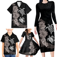 Hawaiian Flower and Tribal Turtle Family Matching Long Sleeve Bodycon Dress and Hawaiian Shirt Grayscale Mode LT03 - Polynesian Pride