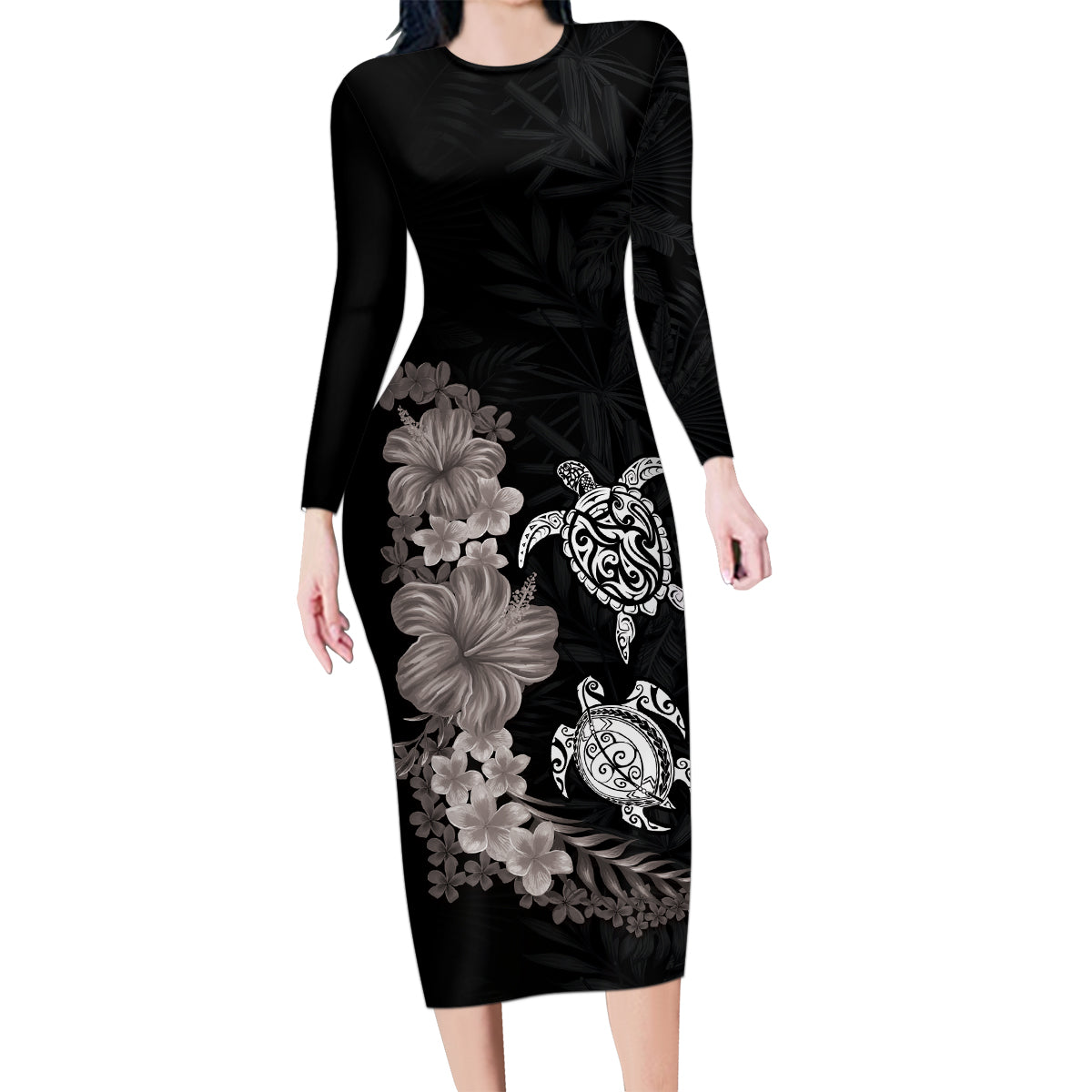 Hawaiian Flower and Tribal Turtle Family Matching Long Sleeve Bodycon Dress and Hawaiian Shirt Grayscale Mode LT03 Mom's Dress Black - Polynesian Pride
