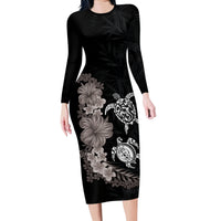 Hawaiian Flower and Tribal Turtle Family Matching Long Sleeve Bodycon Dress and Hawaiian Shirt Grayscale Mode LT03 Mom's Dress Black - Polynesian Pride