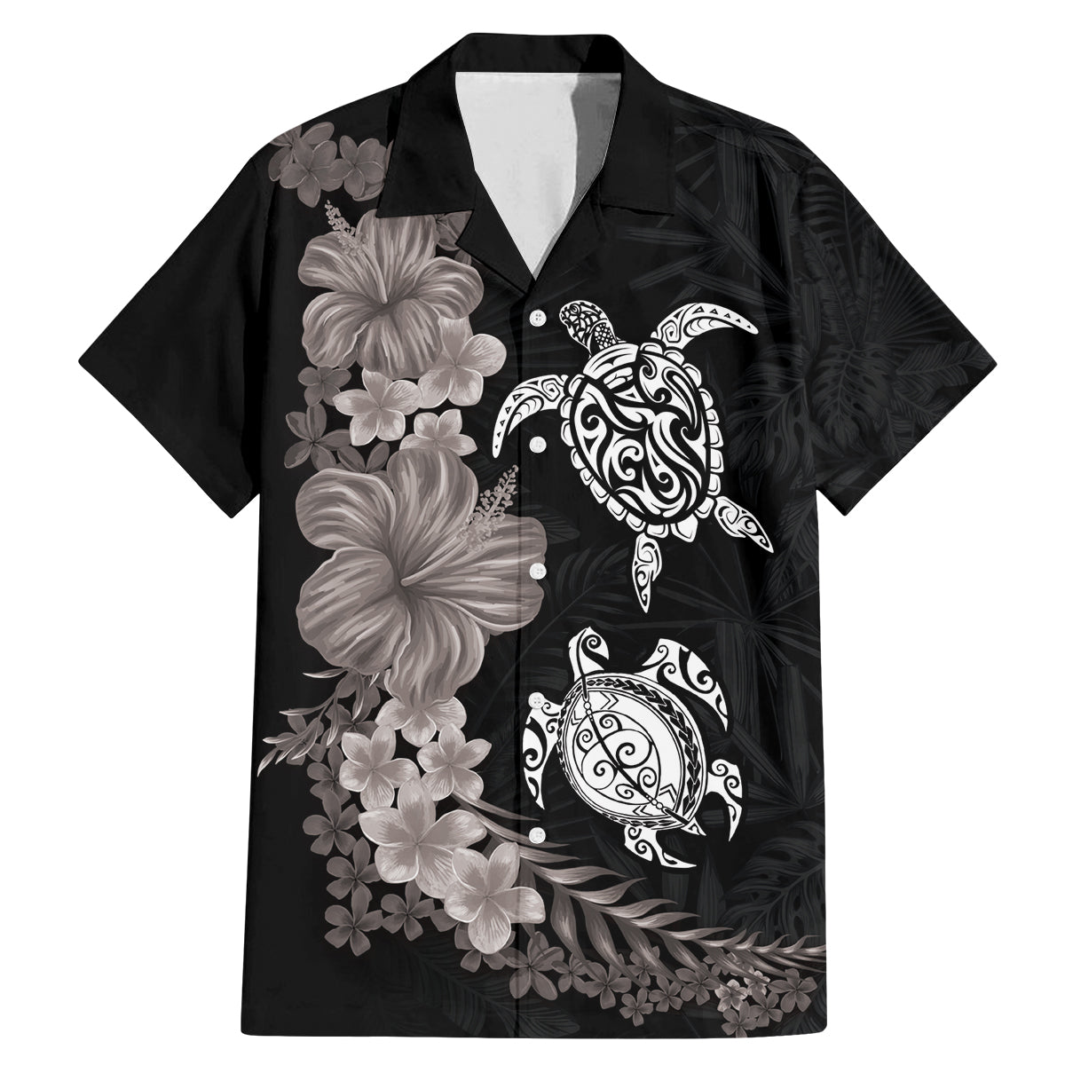 Hawaiian Flower and Tribal Turtle Family Matching Mermaid Dress and Hawaiian Shirt Grayscale Mode LT03 Dad's Shirt - Short Sleeve Black - Polynesian Pride
