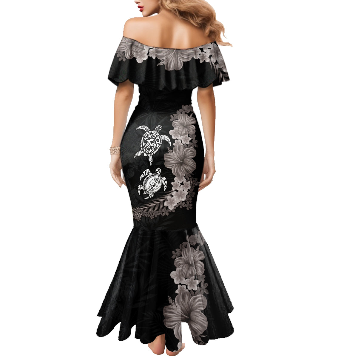 Hawaiian Flower and Tribal Turtle Family Matching Mermaid Dress and Hawaiian Shirt Grayscale Mode LT03 - Polynesian Pride