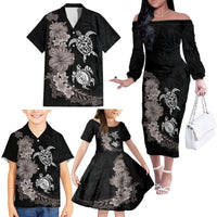 Hawaiian Flower and Tribal Turtle Family Matching Off The Shoulder Long Sleeve Dress and Hawaiian Shirt Grayscale Mode LT03 - Polynesian Pride