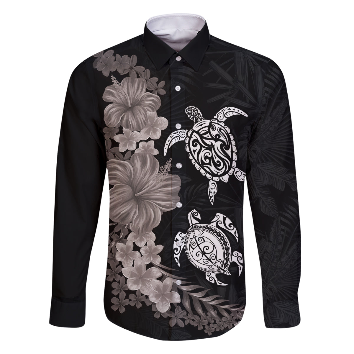 Hawaiian Flower and Tribal Turtle Family Matching Off The Shoulder Long Sleeve Dress and Hawaiian Shirt Grayscale Mode LT03 Dad's Shirt - Long Sleeve Black - Polynesian Pride