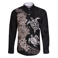 Hawaiian Flower and Tribal Turtle Family Matching Off The Shoulder Long Sleeve Dress and Hawaiian Shirt Grayscale Mode LT03 Dad's Shirt - Long Sleeve Black - Polynesian Pride