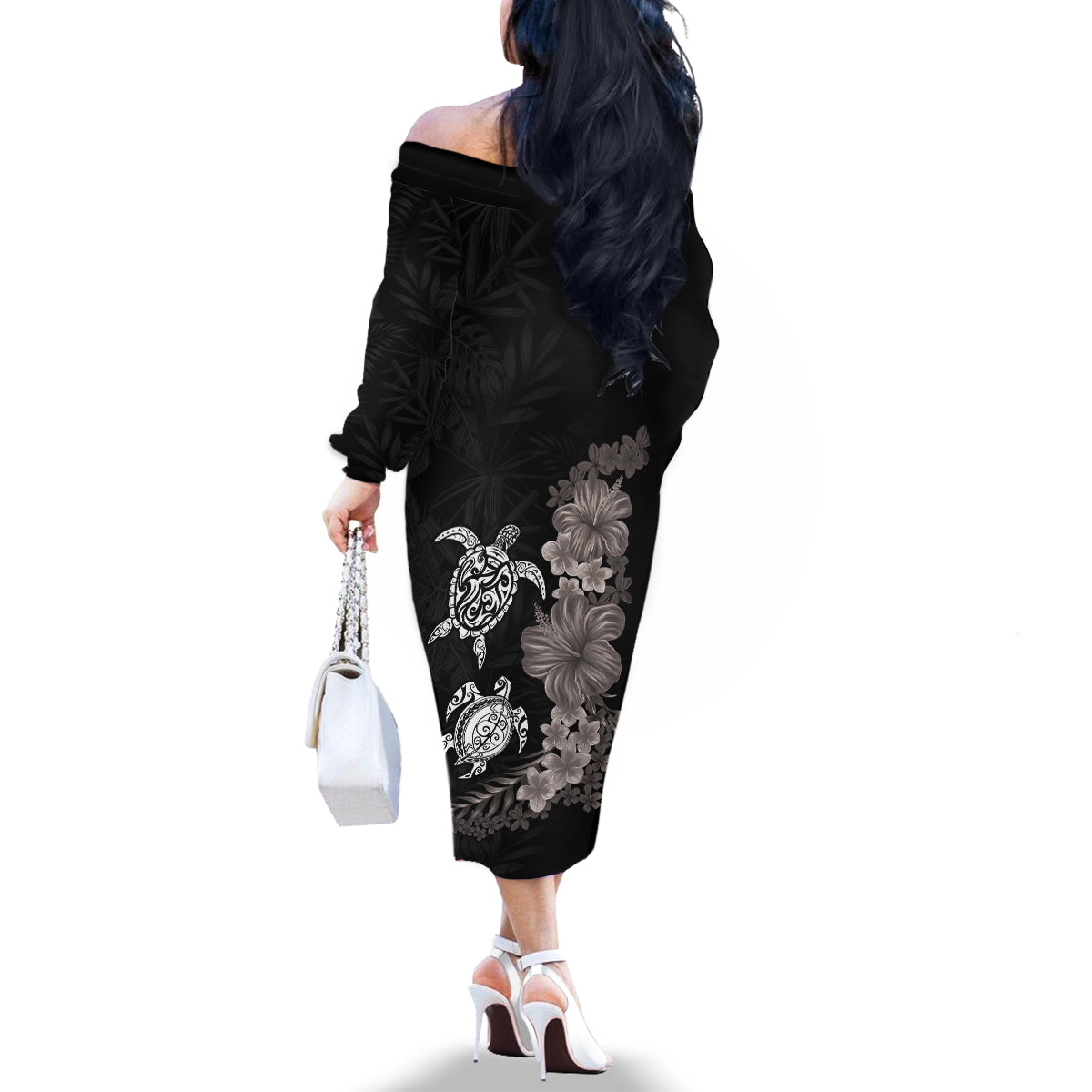 Hawaiian Flower and Tribal Turtle Family Matching Off The Shoulder Long Sleeve Dress and Hawaiian Shirt Grayscale Mode LT03 - Polynesian Pride