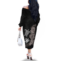 Hawaiian Flower and Tribal Turtle Family Matching Off The Shoulder Long Sleeve Dress and Hawaiian Shirt Grayscale Mode LT03 - Polynesian Pride