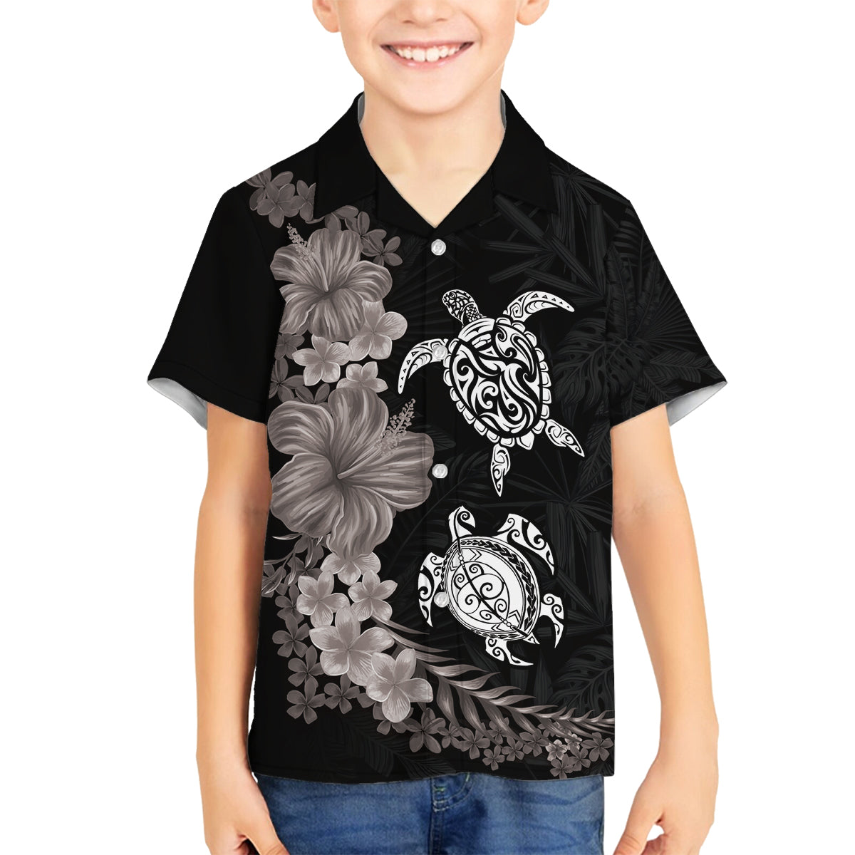 Hawaiian Flower and Tribal Turtle Family Matching Off The Shoulder Long Sleeve Dress and Hawaiian Shirt Grayscale Mode LT03 Son's Shirt Black - Polynesian Pride