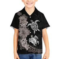 Hawaiian Flower and Tribal Turtle Family Matching Off The Shoulder Long Sleeve Dress and Hawaiian Shirt Grayscale Mode LT03 Son's Shirt Black - Polynesian Pride