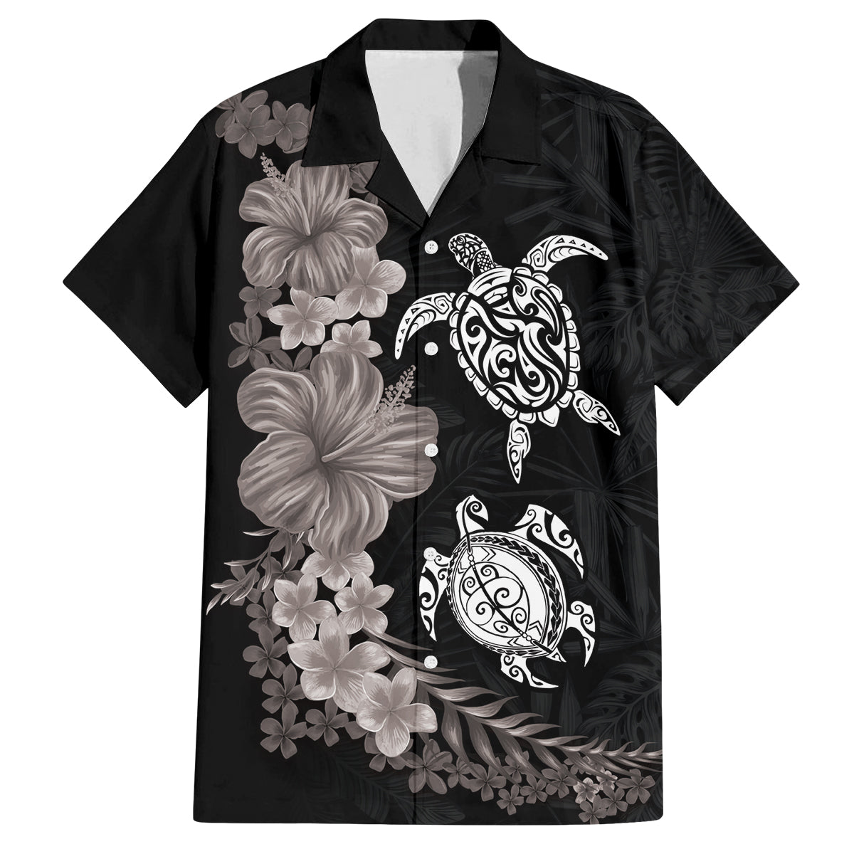 Hawaiian Flower and Tribal Turtle Family Matching Off Shoulder Maxi Dress and Hawaiian Shirt Grayscale Mode