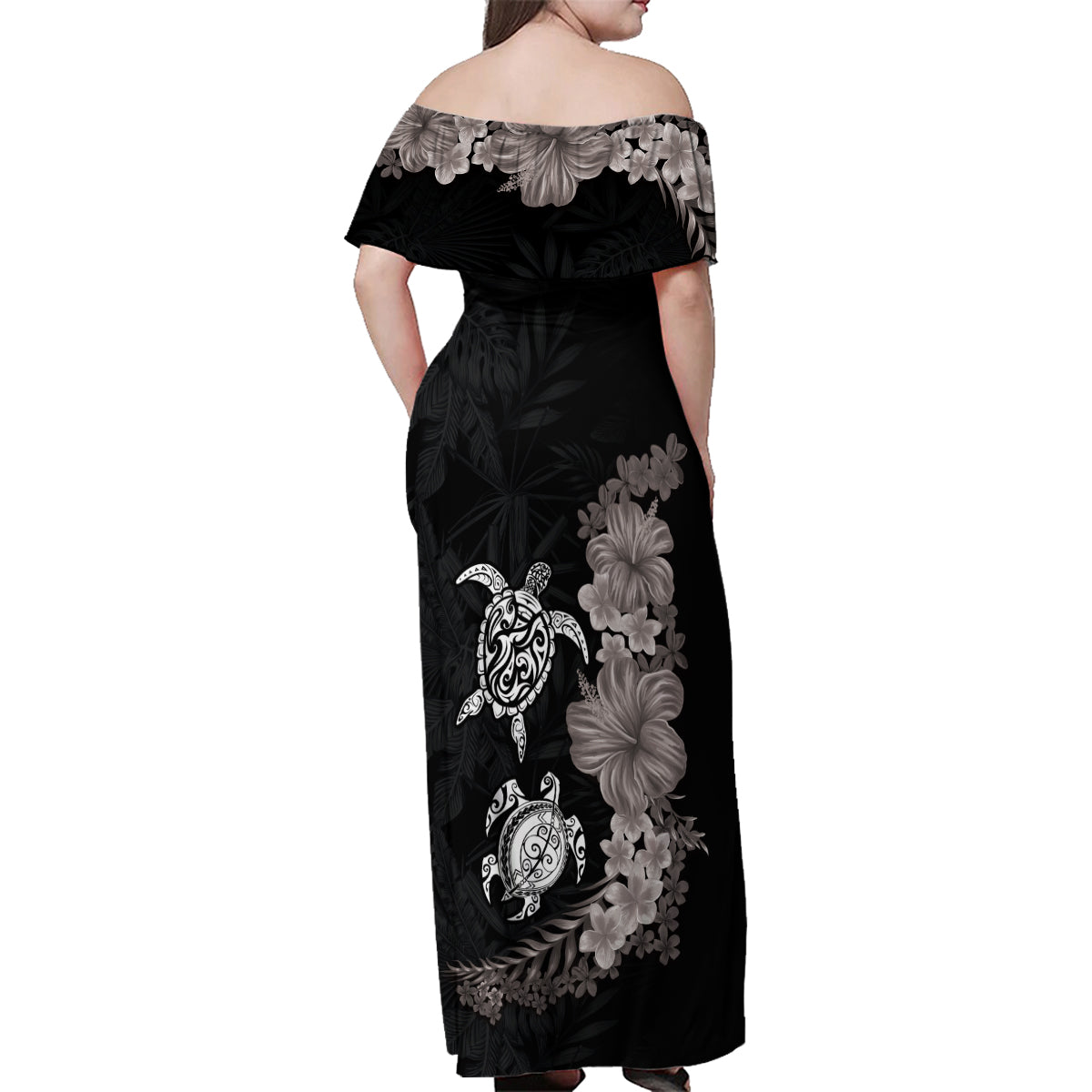 Hawaiian Flower and Tribal Turtle Family Matching Off Shoulder Maxi Dress and Hawaiian Shirt Grayscale Mode