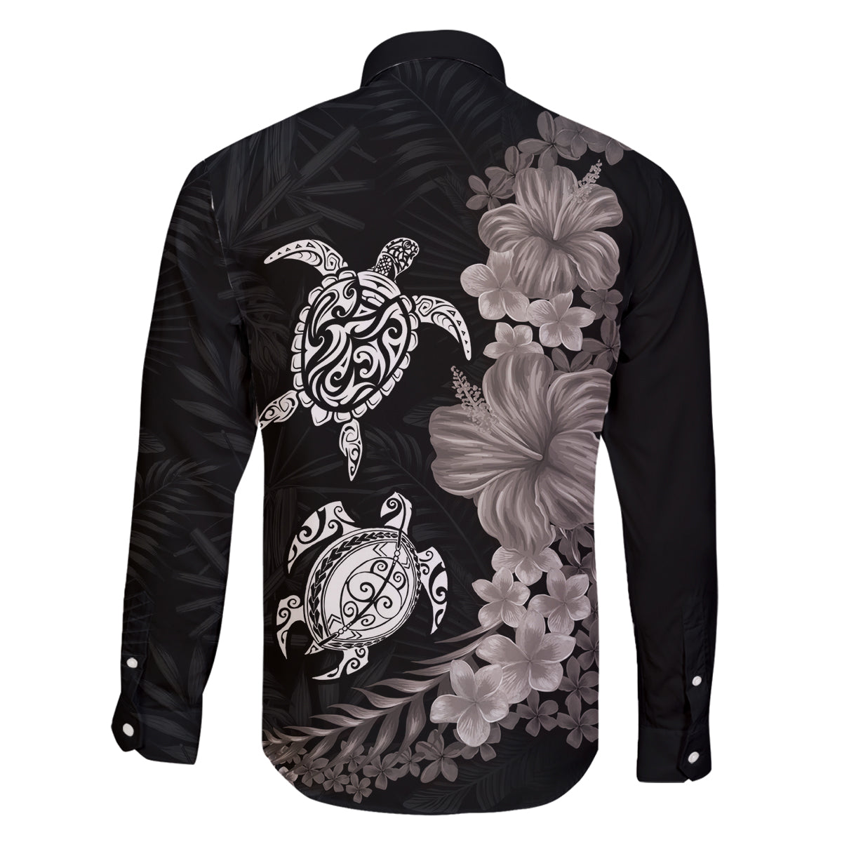 Hawaiian Flower and Tribal Turtle Family Matching Off Shoulder Short Dress and Hawaiian Shirt Grayscale Mode