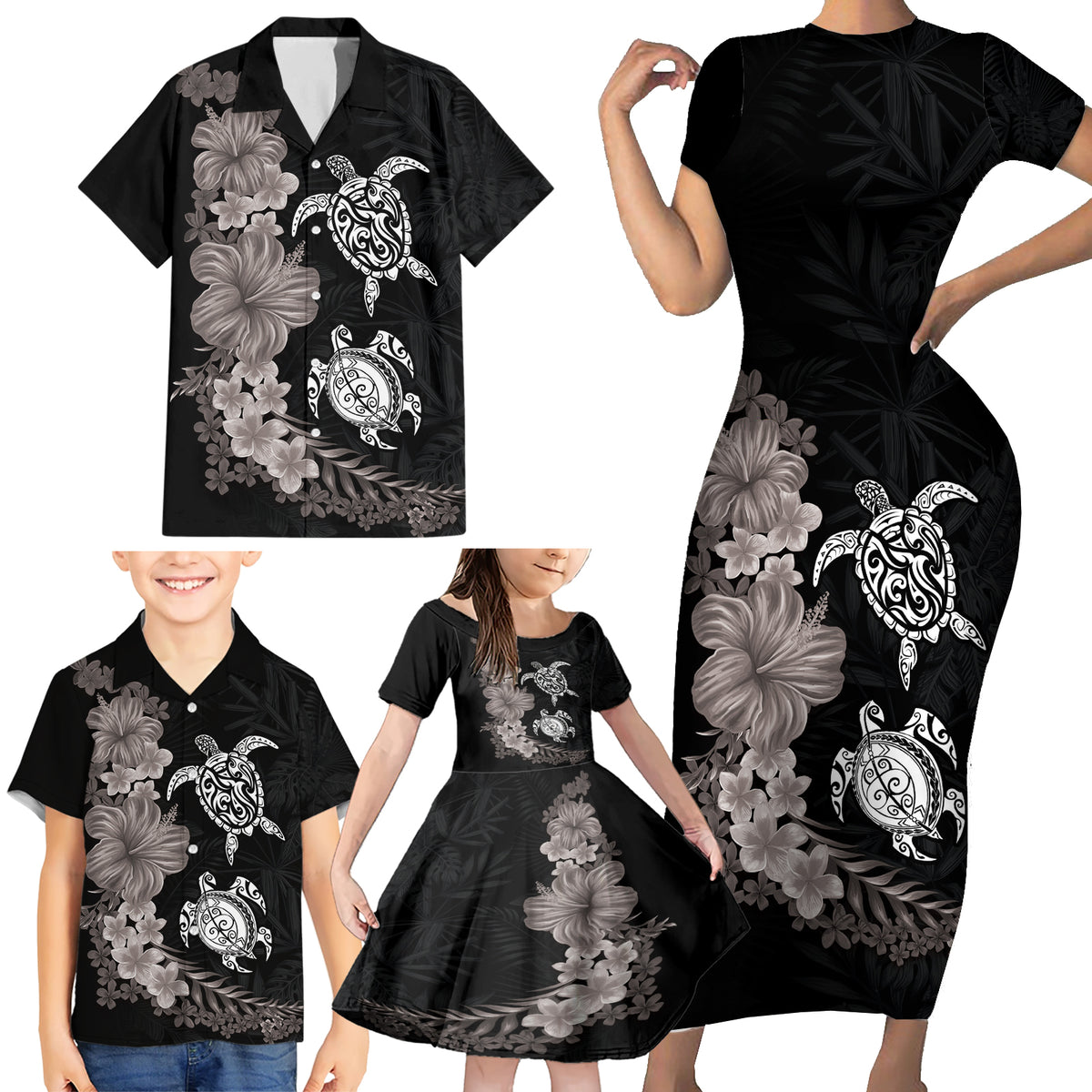 Hawaiian Flower and Tribal Turtle Family Matching Short Sleeve Bodycon Dress and Hawaiian Shirt Grayscale Mode LT03 - Polynesian Pride