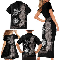Hawaiian Flower and Tribal Turtle Family Matching Short Sleeve Bodycon Dress and Hawaiian Shirt Grayscale Mode LT03 - Polynesian Pride