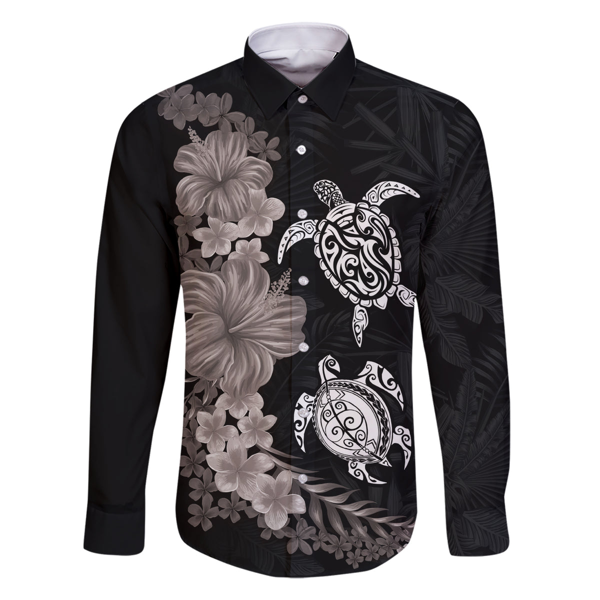 Hawaiian Flower and Tribal Turtle Family Matching Short Sleeve Bodycon Dress and Hawaiian Shirt Grayscale Mode LT03 Dad's Shirt - Long Sleeve Black - Polynesian Pride