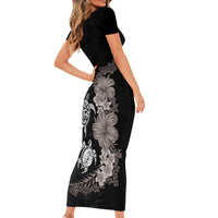 Hawaiian Flower and Tribal Turtle Family Matching Short Sleeve Bodycon Dress and Hawaiian Shirt Grayscale Mode LT03 - Polynesian Pride