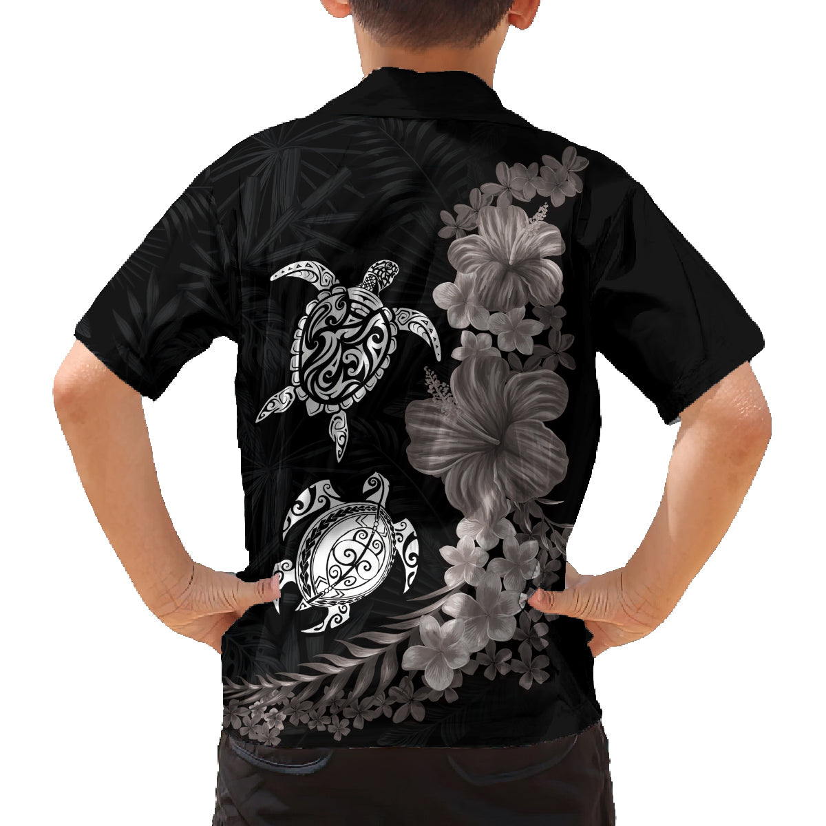 Hawaiian Flower and Tribal Turtle Family Matching Tank Maxi Dress and Hawaiian Shirt Grayscale Mode LT03 - Polynesian Pride
