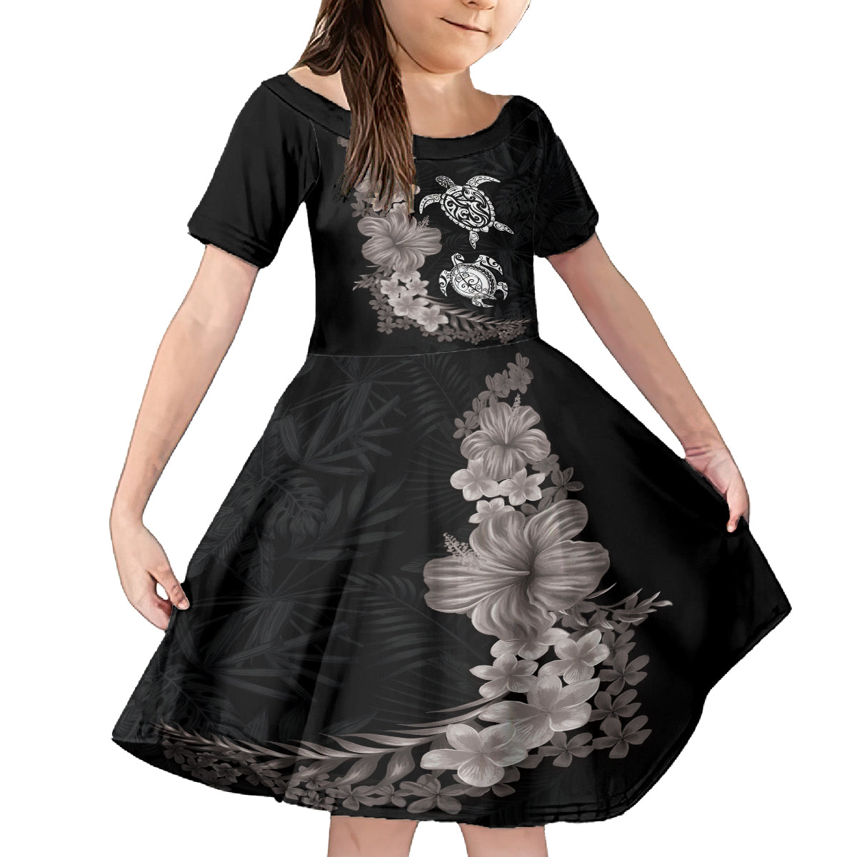 Hawaiian Flower and Tribal Turtle Family Matching Tank Maxi Dress and Hawaiian Shirt Grayscale Mode LT03 Daughter's Dress Black - Polynesian Pride