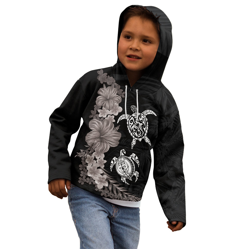 Hawaiian Flower and Tribal Turtle Kid Hoodie Grayscale Mode