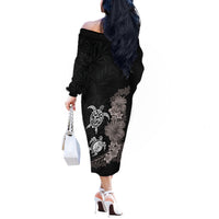 Hawaiian Flower and Tribal Turtle Off The Shoulder Long Sleeve Dress Grayscale Mode