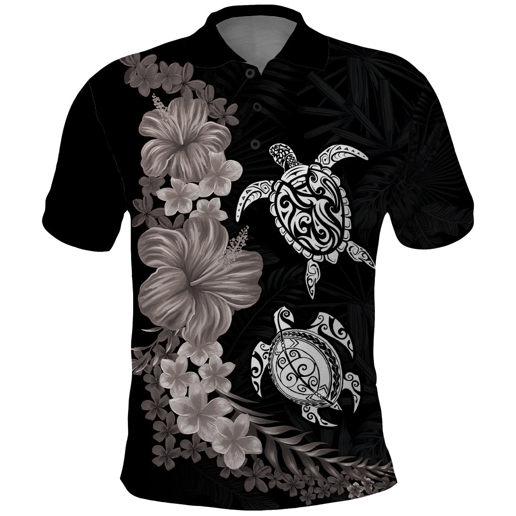 Hawaiian Flower and Tribal Turtle Polo Shirt Grayscale Mode