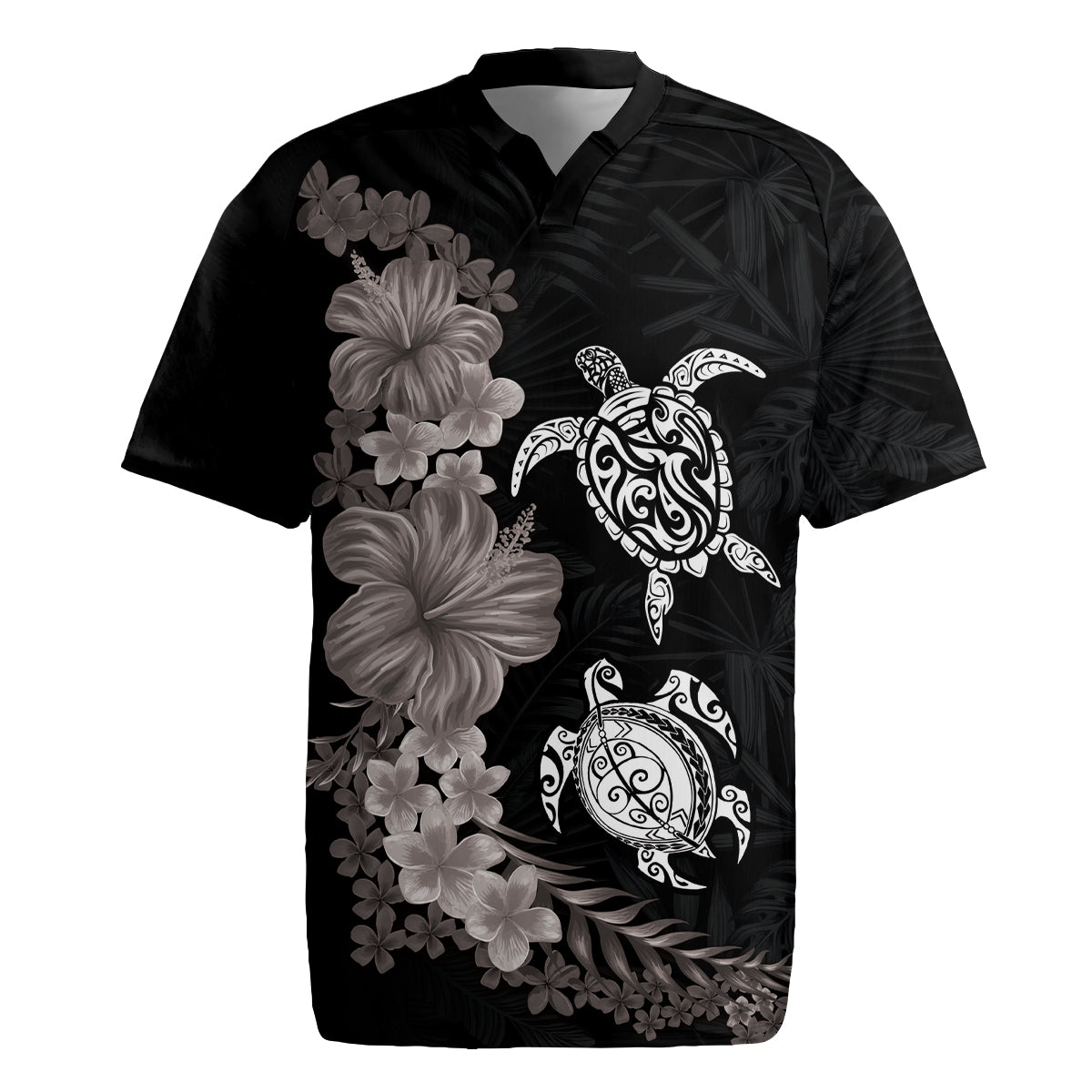 Hawaiian Flower and Tribal Turtle Rugby Jersey Grayscale Mode LT03 Black - Polynesian Pride