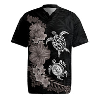 Hawaiian Flower and Tribal Turtle Rugby Jersey Grayscale Mode LT03 Black - Polynesian Pride