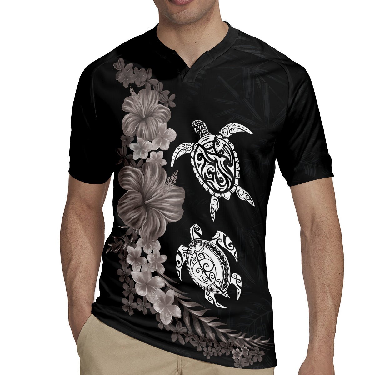 Hawaiian Flower and Tribal Turtle Rugby Jersey Grayscale Mode LT03 - Polynesian Pride
