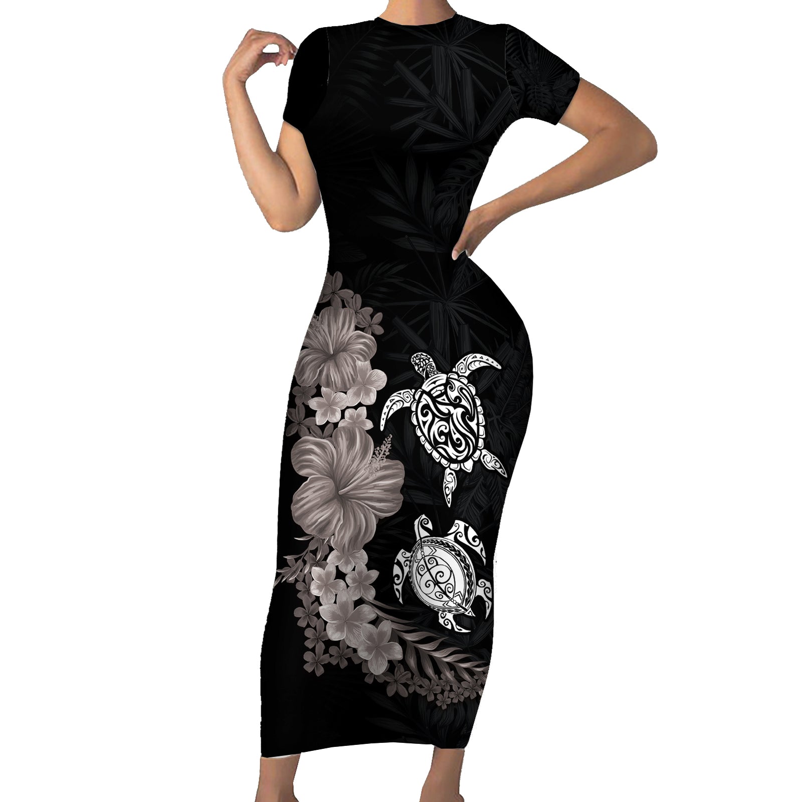 Hawaiian Flower and Tribal Turtle Short Sleeve Bodycon Dress Grayscale Mode LT03 Long Dress Black - Polynesian Pride