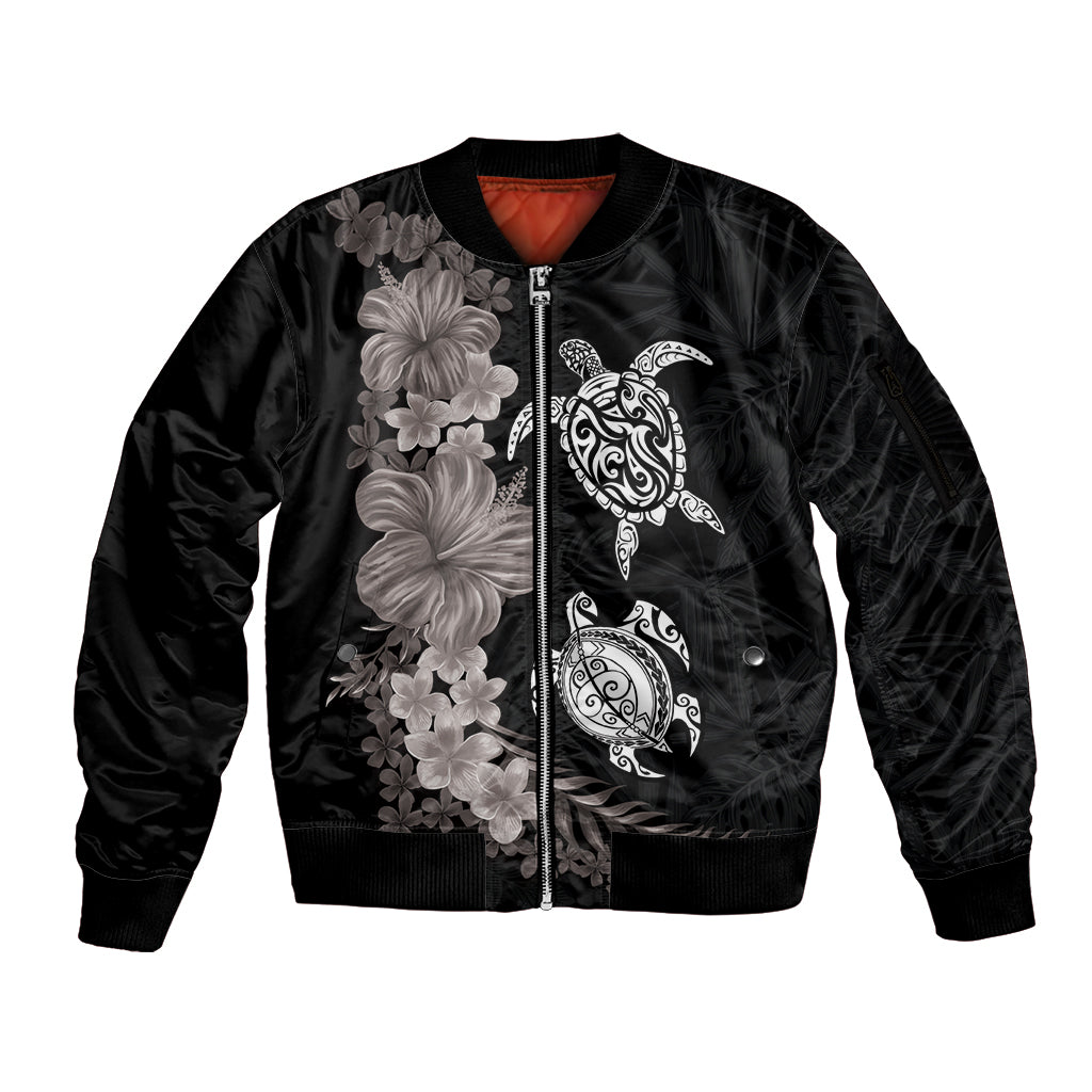 Hawaiian Flower and Tribal Turtle Sleeve Zip Bomber Jacket Grayscale Mode LT03 Unisex Black - Polynesian Pride