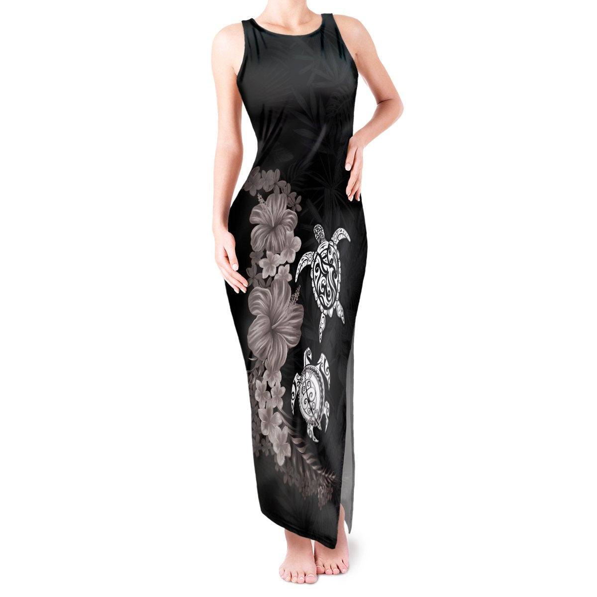 Hawaiian Flower and Tribal Turtle Tank Maxi Dress Grayscale Mode