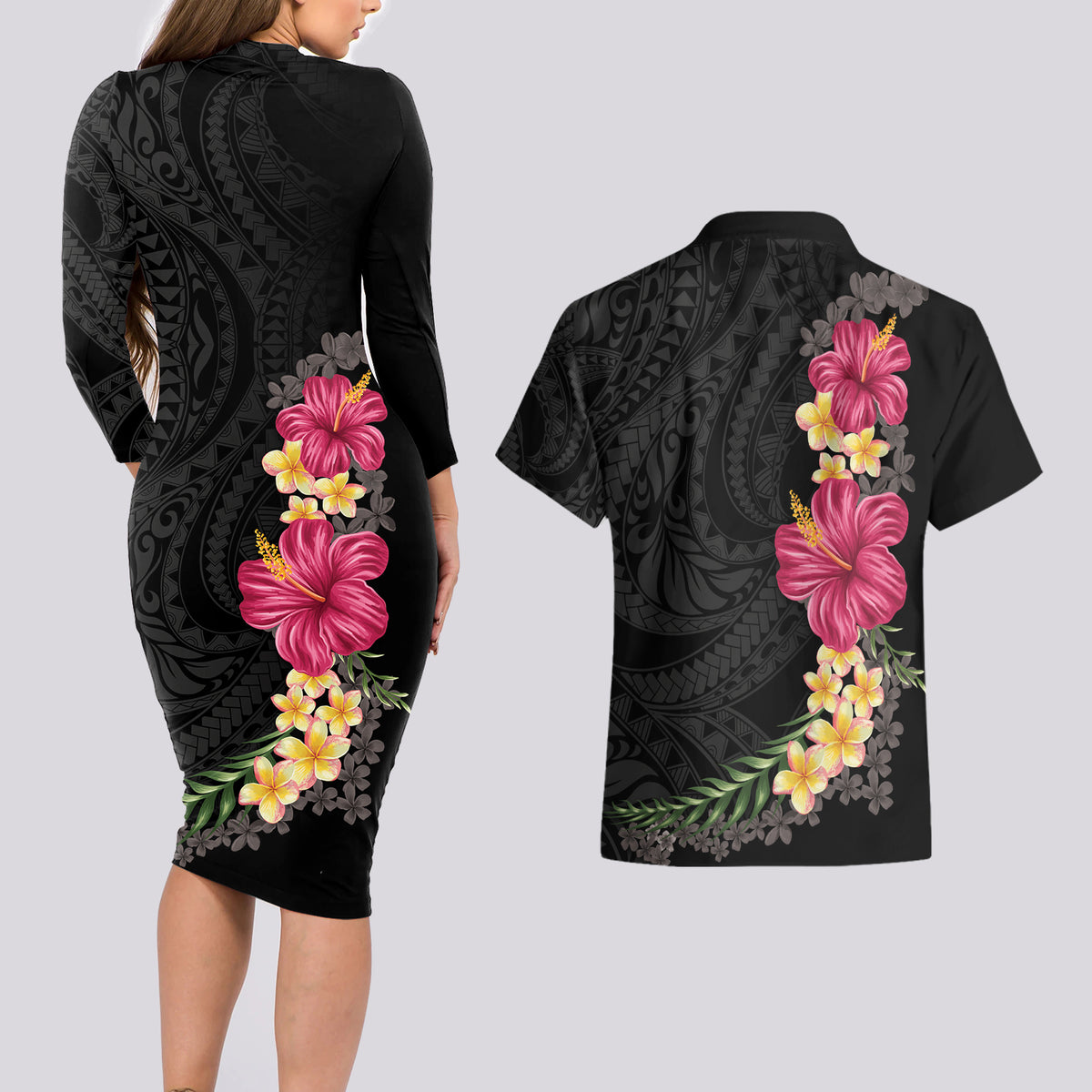 Hawaiian Plumeria and Hibiscus Couples Matching Long Sleeve Bodycon Dress and Hawaiian Shirt Colorful Style LT03 - Polynesian Pride
