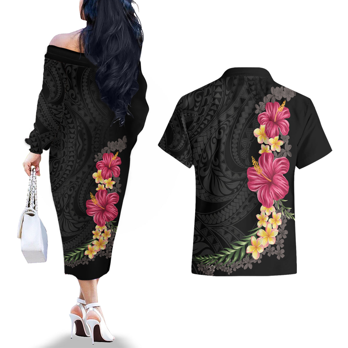 Hawaiian Plumeria and Hibiscus Couples Matching Off The Shoulder Long Sleeve Dress and Hawaiian Shirt Colorful Style LT03 - Polynesian Pride