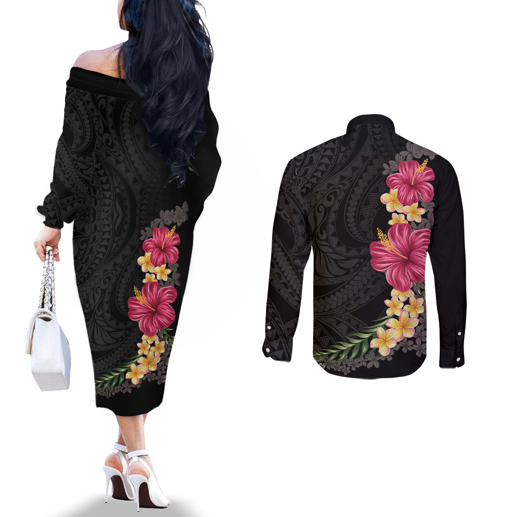 Hawaiian Plumeria and Hibiscus Couples Matching Off The Shoulder Long Sleeve Dress and Long Sleeve Button Shirt Colorful Style