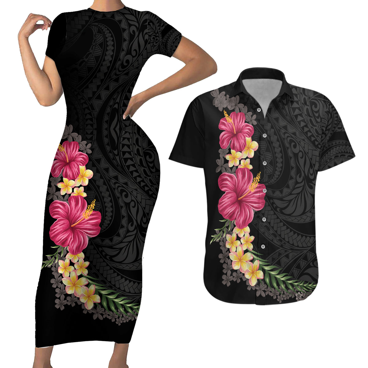 Hawaiian Plumeria and Hibiscus Couples Matching Short Sleeve Bodycon Dress and Hawaiian Shirt Colorful Style LT03 Black - Polynesian Pride