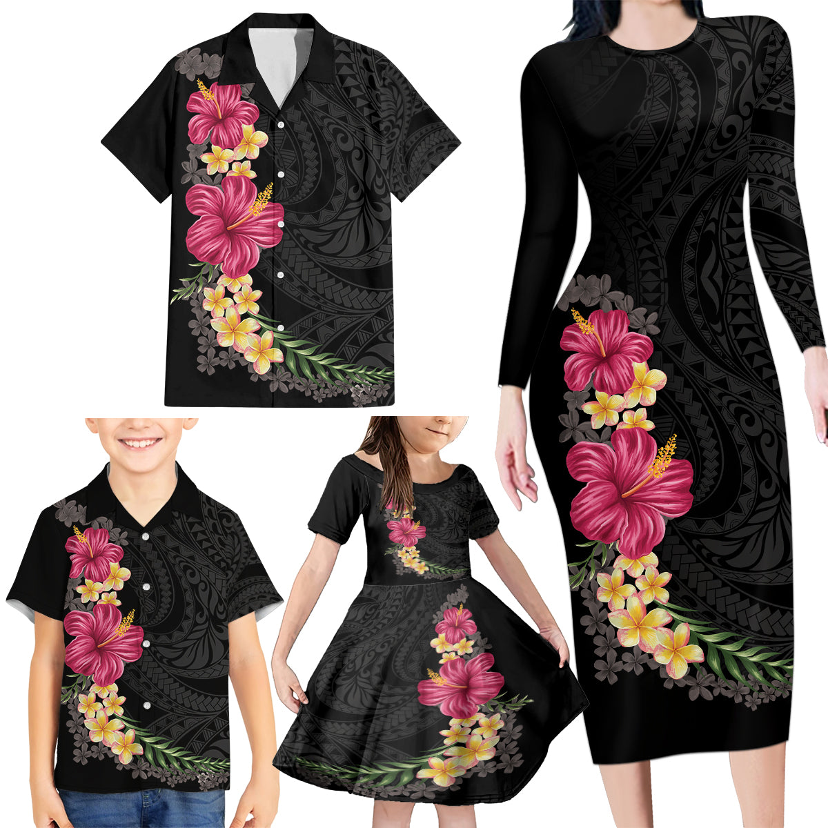 Hawaiian Plumeria and Hibiscus Family Matching Long Sleeve Bodycon Dress and Hawaiian Shirt Colorful Style LT03 - Polynesian Pride