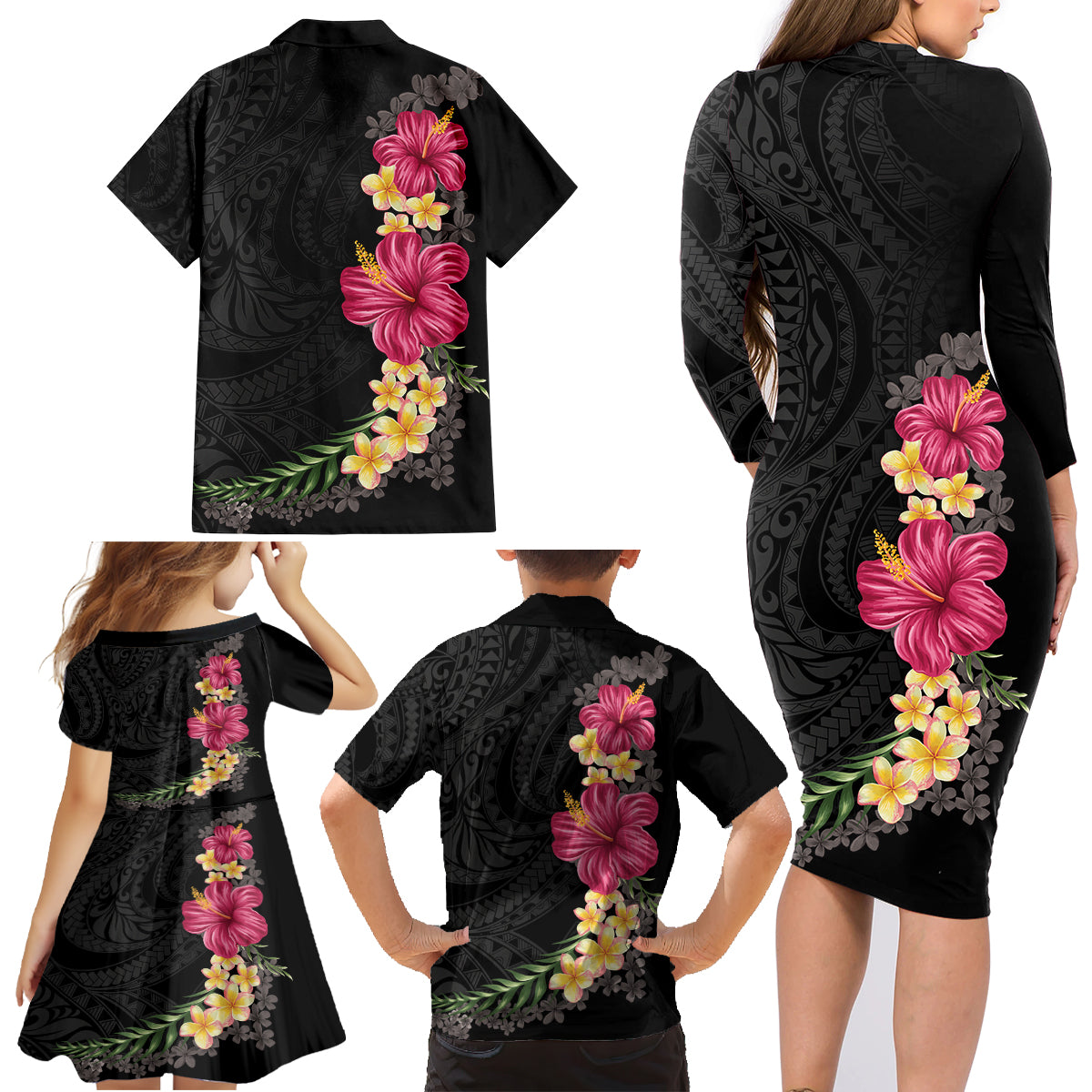 Hawaiian Plumeria and Hibiscus Family Matching Long Sleeve Bodycon Dress and Hawaiian Shirt Colorful Style LT03 - Polynesian Pride