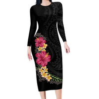 Hawaiian Plumeria and Hibiscus Family Matching Long Sleeve Bodycon Dress and Hawaiian Shirt Colorful Style LT03 Mom's Dress Black - Polynesian Pride