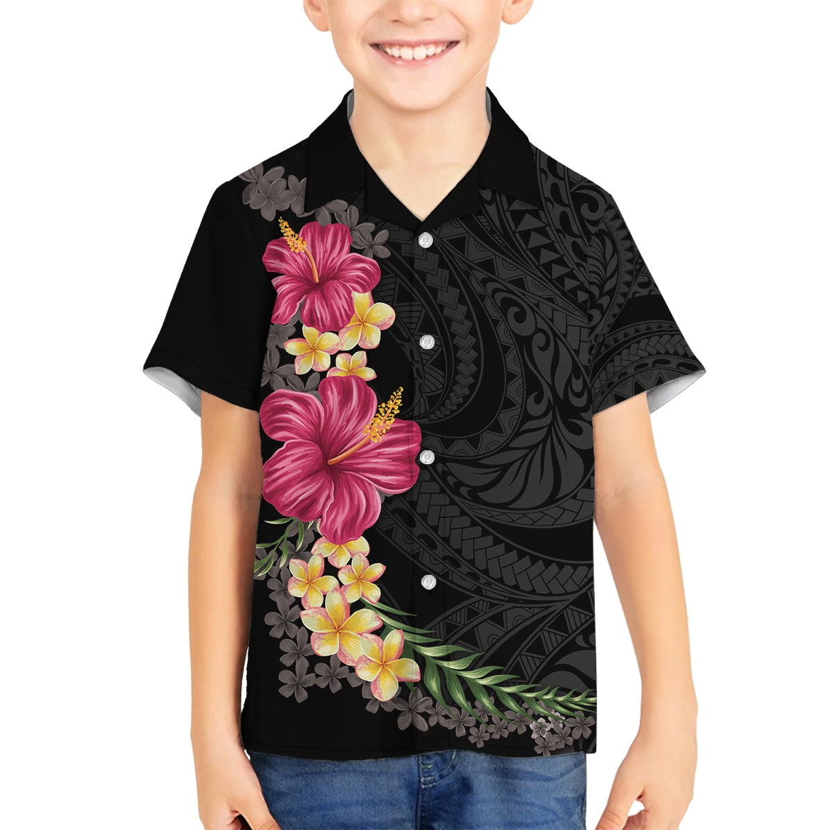 Hawaiian Plumeria and Hibiscus Family Matching Long Sleeve Bodycon Dress and Hawaiian Shirt Colorful Style LT03 Son's Shirt Black - Polynesian Pride