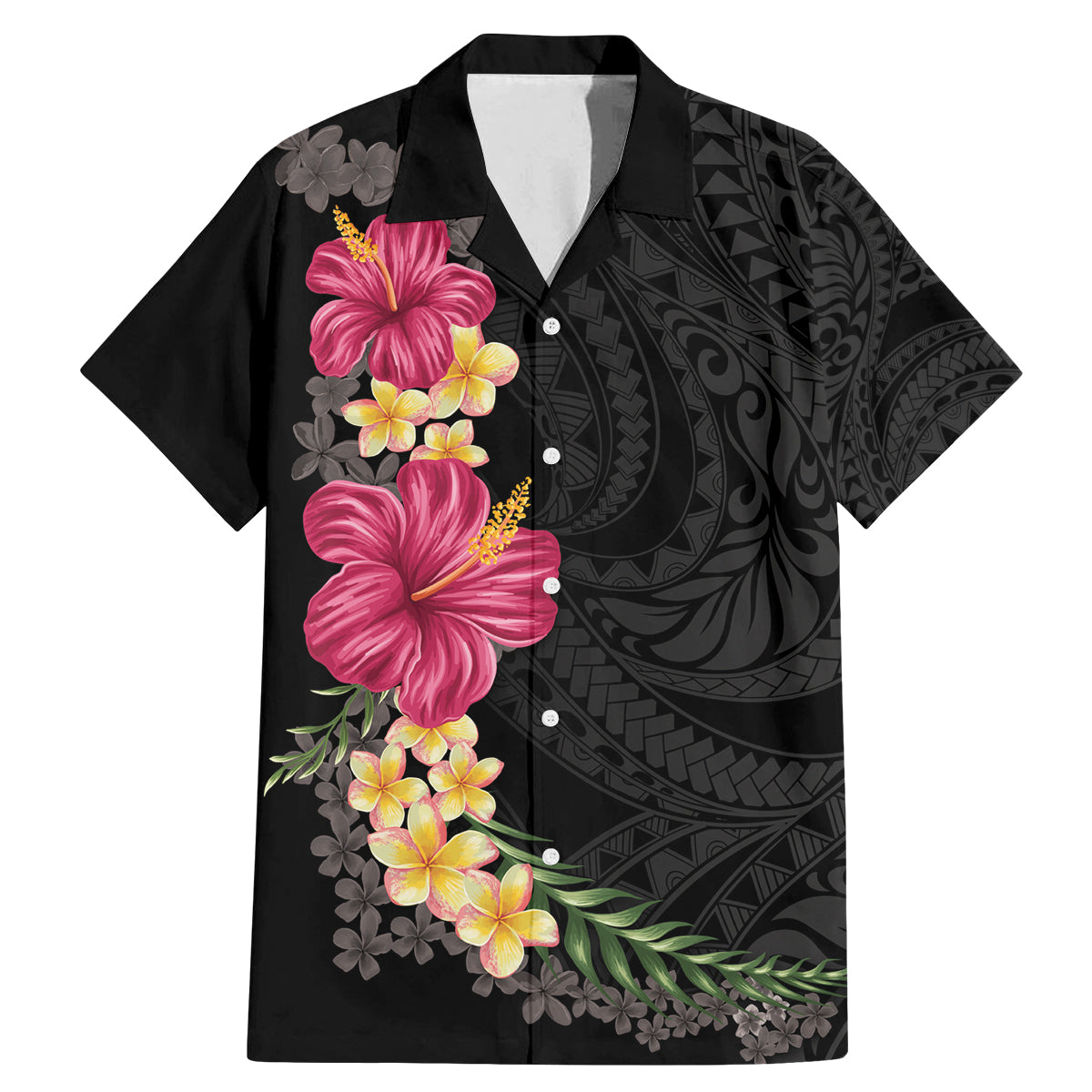 Hawaiian Plumeria and Hibiscus Family Matching Mermaid Dress and Hawaiian Shirt - Colorful Style LT03 Dad's Shirt - Short Sleeve Black - Polynesian Pride