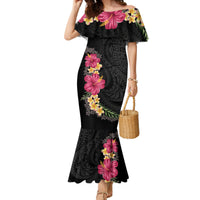 Hawaiian Plumeria and Hibiscus Family Matching Mermaid Dress and Hawaiian Shirt - Colorful Style LT03 Mom's Dress Black - Polynesian Pride