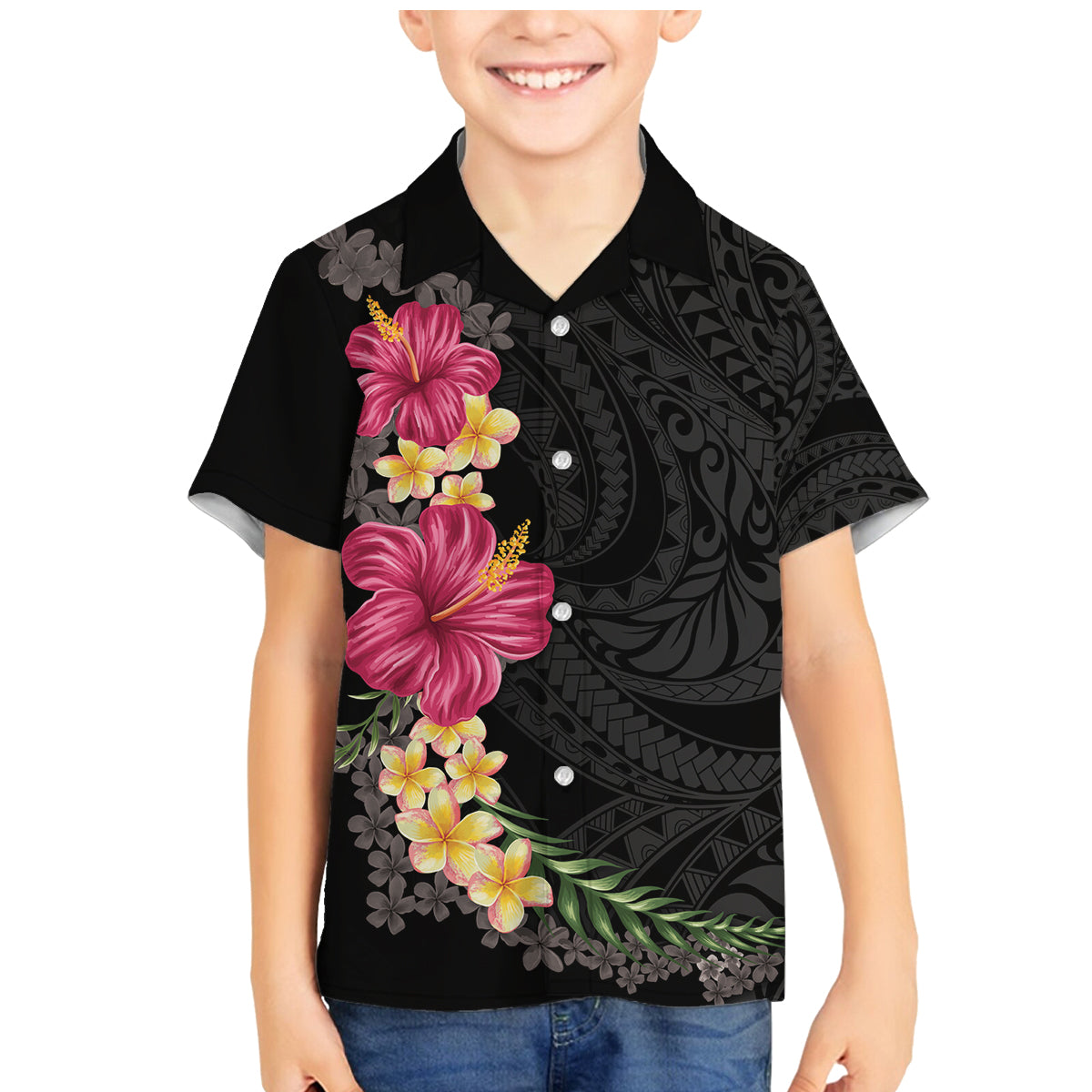 Hawaiian Plumeria and Hibiscus Family Matching Mermaid Dress and Hawaiian Shirt - Colorful Style LT03 Son's Shirt Black - Polynesian Pride