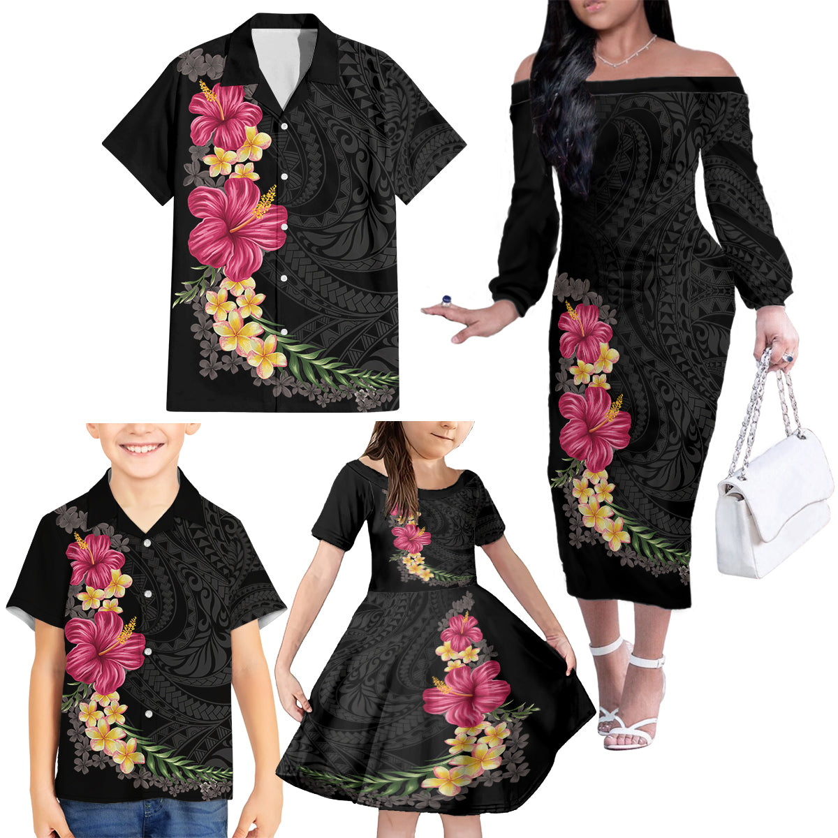 Hawaiian Plumeria and Hibiscus Family Matching Off The Shoulder Long Sleeve Dress and Hawaiian Shirt Colorful Style LT03 - Polynesian Pride