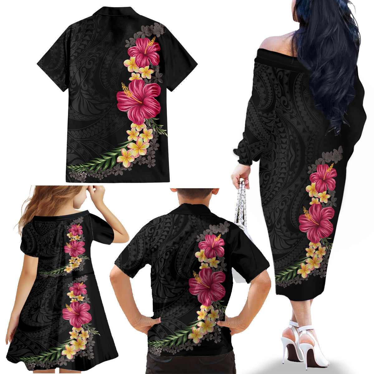 Hawaiian Plumeria and Hibiscus Family Matching Off The Shoulder Long Sleeve Dress and Hawaiian Shirt Colorful Style LT03 - Polynesian Pride