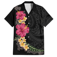 Hawaiian Plumeria and Hibiscus Family Matching Off The Shoulder Long Sleeve Dress and Hawaiian Shirt Colorful Style LT03 Dad's Shirt - Short Sleeve Black - Polynesian Pride