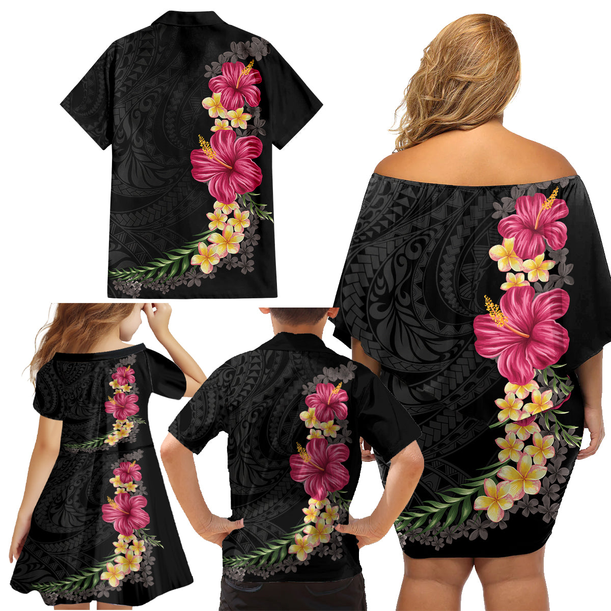 Hawaiian Plumeria and Hibiscus Family Matching Off Shoulder Short Dress and Hawaiian Shirt Colorful Style LT03 - Polynesian Pride