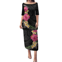 Hawaiian Plumeria and Hibiscus Family Matching Puletasi and Hawaiian Shirt Colorful Style LT03 Mom's Dress Black - Polynesian Pride